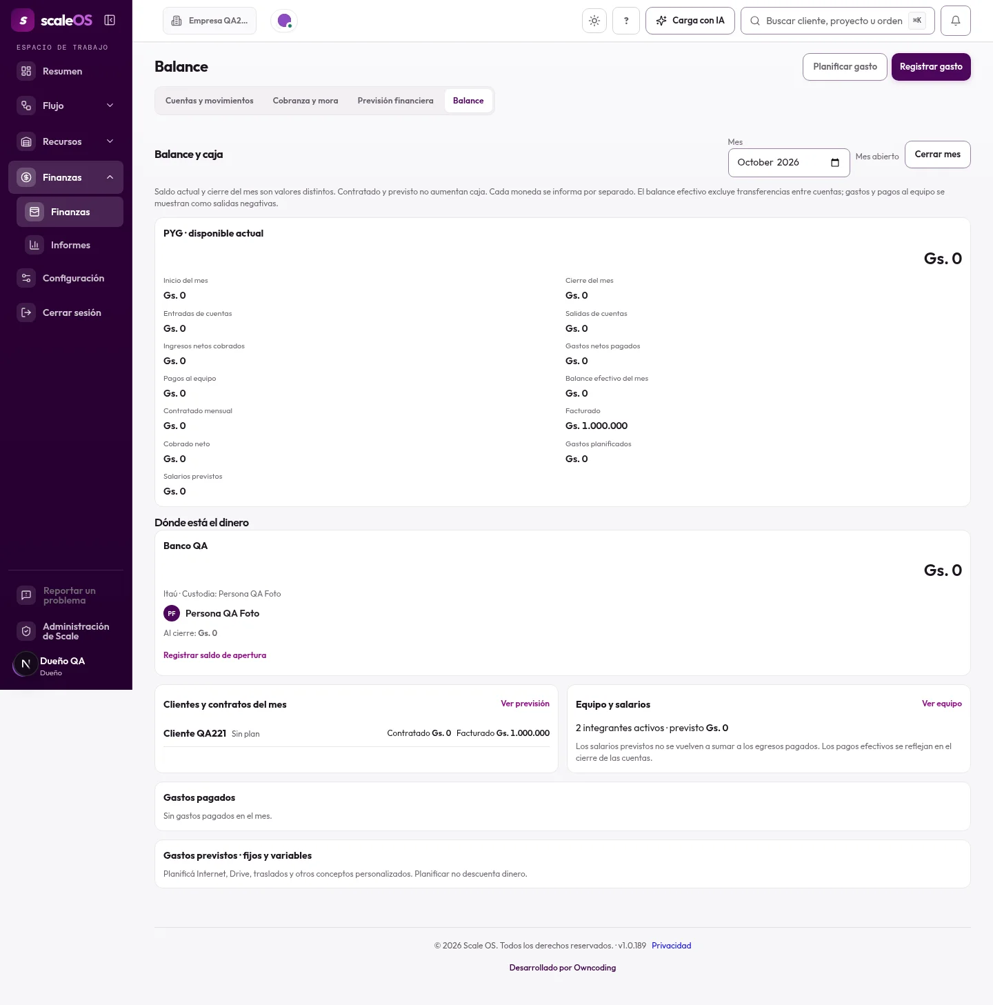 Balance mensual real de Scale OS con caja, gastos y cierre por moneda