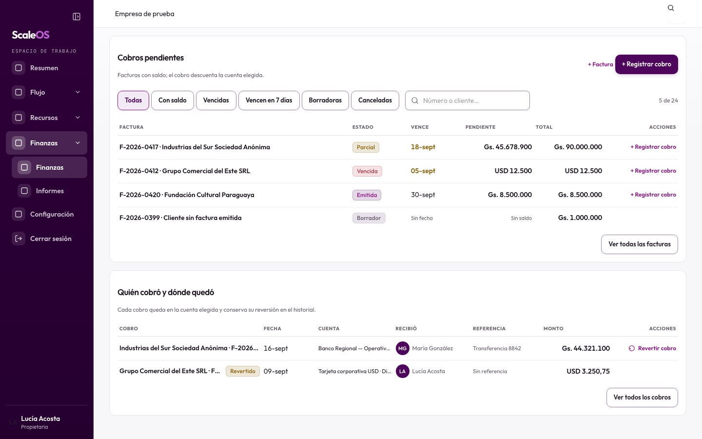 Finanzas de Scale OS: cuentas, facturas y cobros por moneda