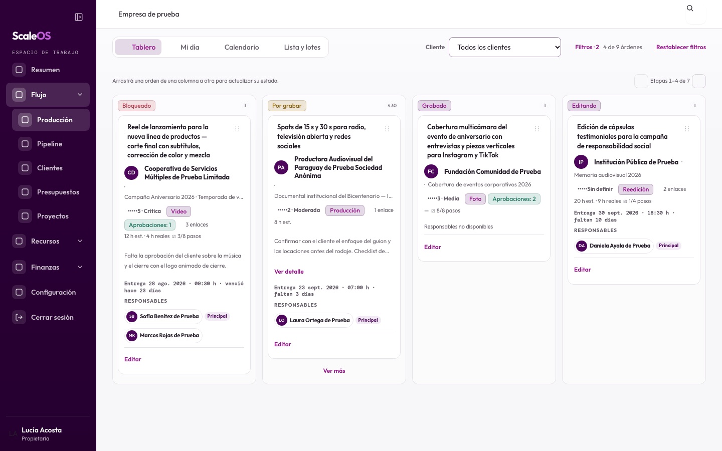 Producción de Scale OS: tablero por etapas con responsables y entregas