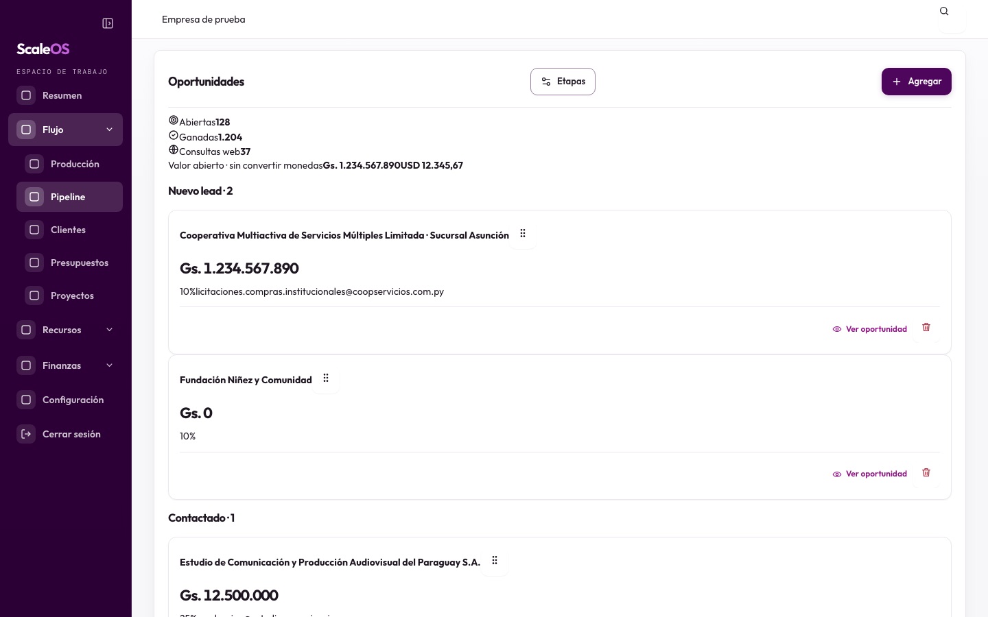 Pipeline y clientes de Scale OS: oportunidades, fichas y presupuestos